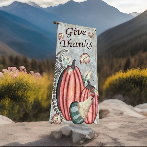 Fall Holiday Decor Banner With Hanger Give Thanks Pumpkin 29x12 Thick Vinyl - Picture 2 of 6